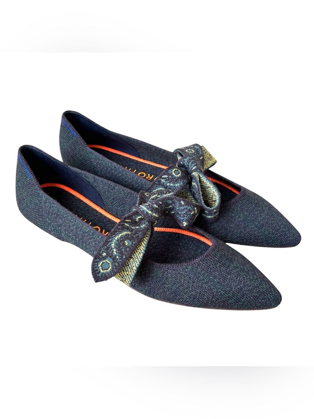 NWOB ROTHY’s “The Mary Jane” Dark Green w/Peacock Textile Bow